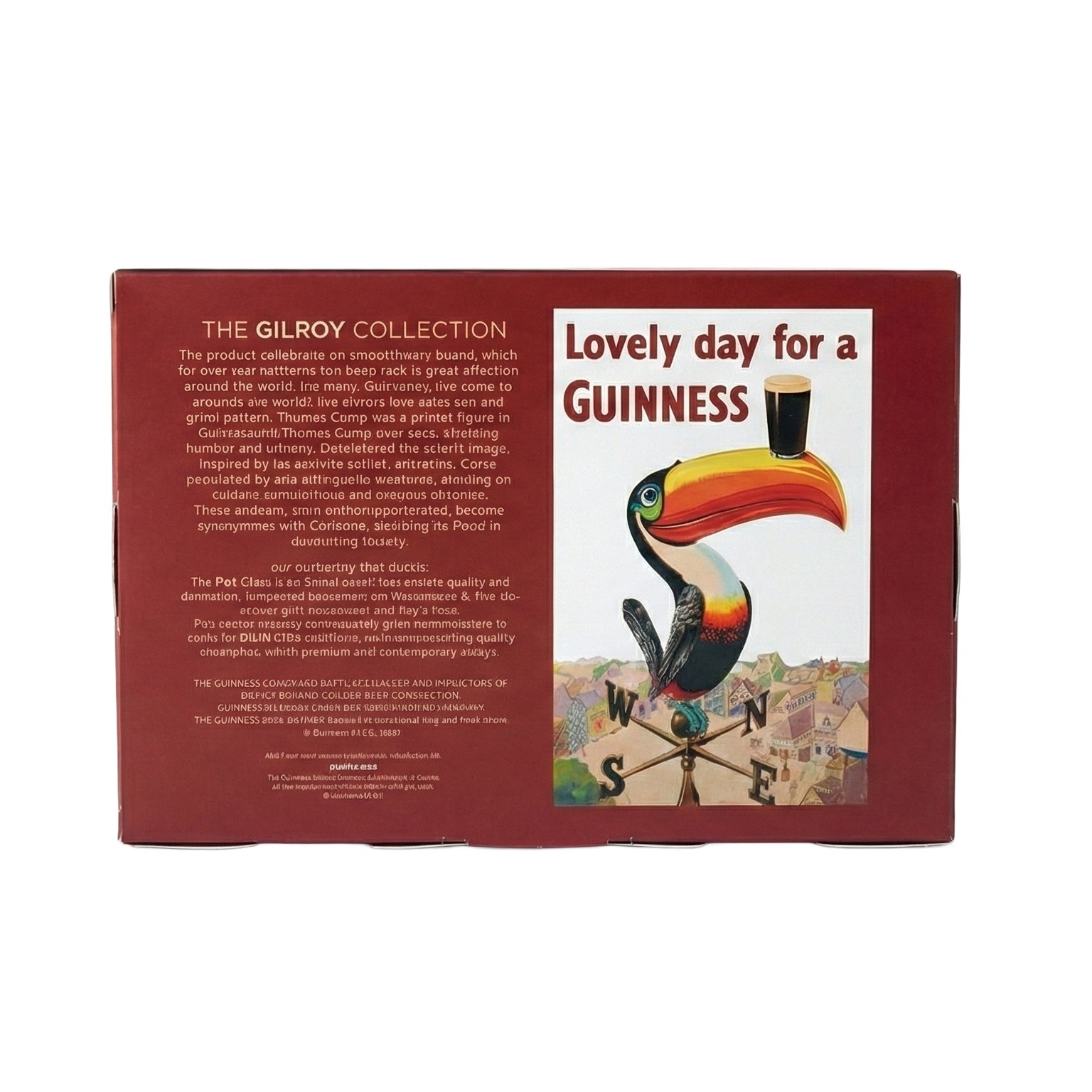 The Guinness Gilroy Toucan & Tortoise Pint Glass Set by Guinness Webstore US comes in a rectangular red box featuring "Lovely day for a Guinness," with a Flying Toucan balancing a pint on its beak and The Gilroy Collection details on the side.