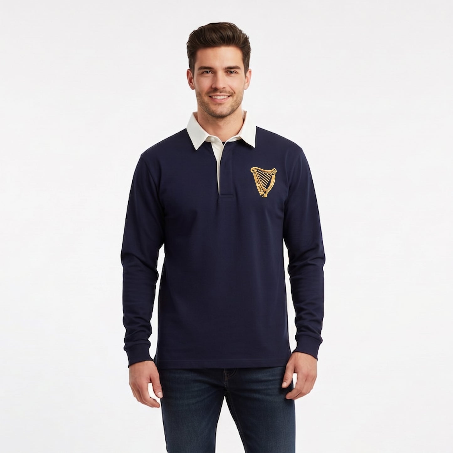 Guinness Navy Rugby Shirt – Long Sleeve has a white collar and a gold harp logo