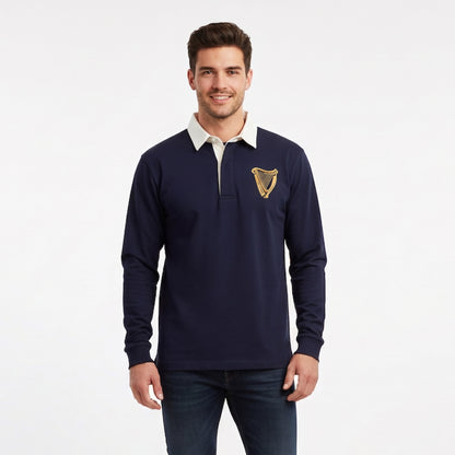 Guinness Navy Rugby Shirt – Long Sleeve has a white collar and a gold harp logo