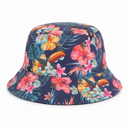 The Guinness Hawaiian Reversible Bucket Hat from Guinness Webstore US features a navy blue side and a vibrant tropical floral print with a Guinness Toucan on a white background.