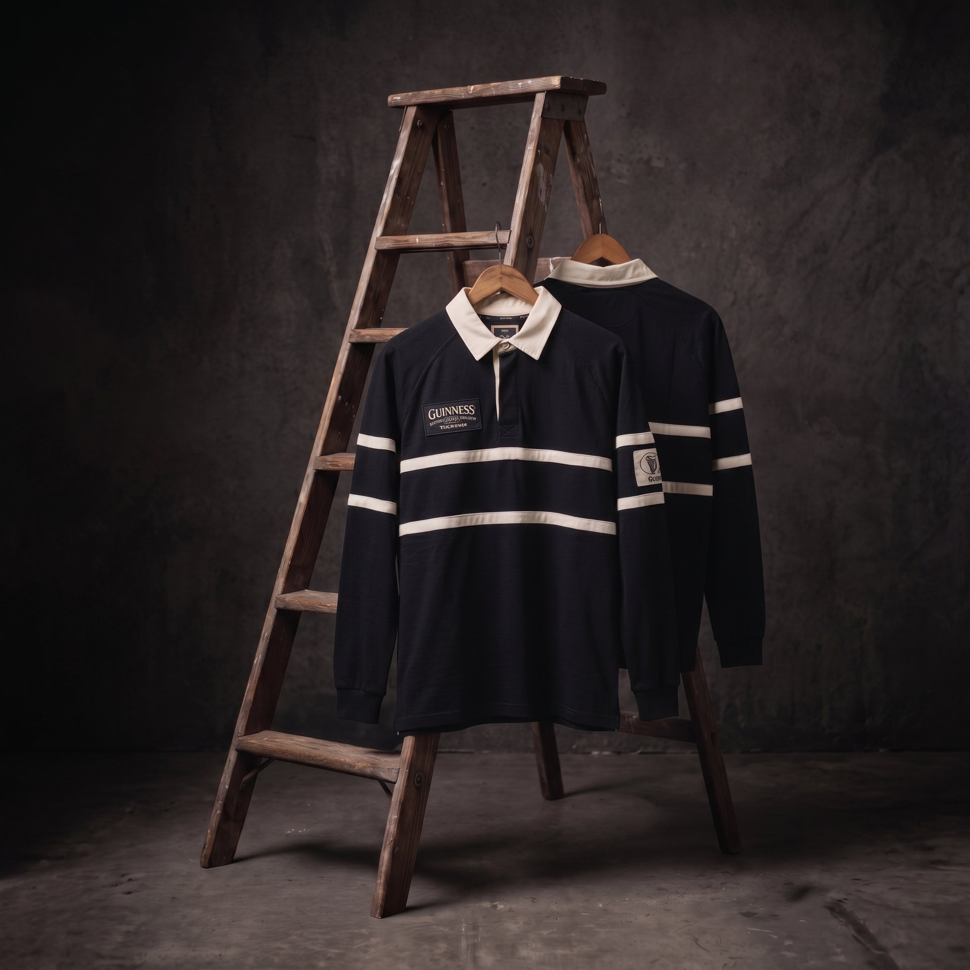 Two Guinness Black Traditional Rugby Jerseys—classic examples of rugby apparel from Guinness—are displayed on hangers, one in front of and one behind a wooden stepladder, set against a dark, textured background.
