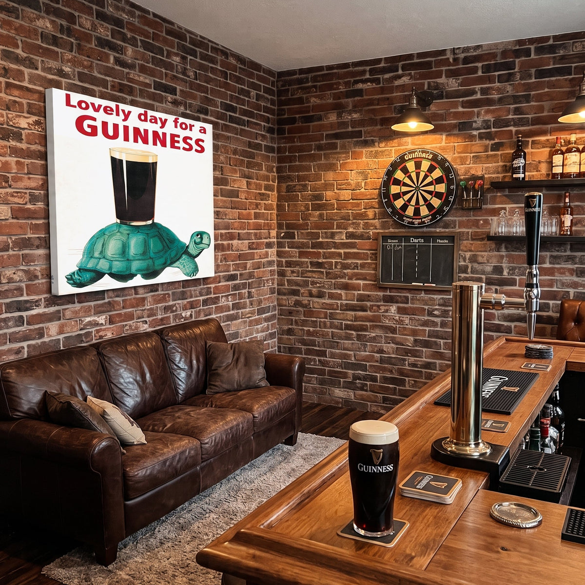 Guinness Gilroy Tortoise Canvas Art on a brick wall, featuring a green tortoise carrying a pint of stout with the text “Lovely day for a GUINNESS” above it.