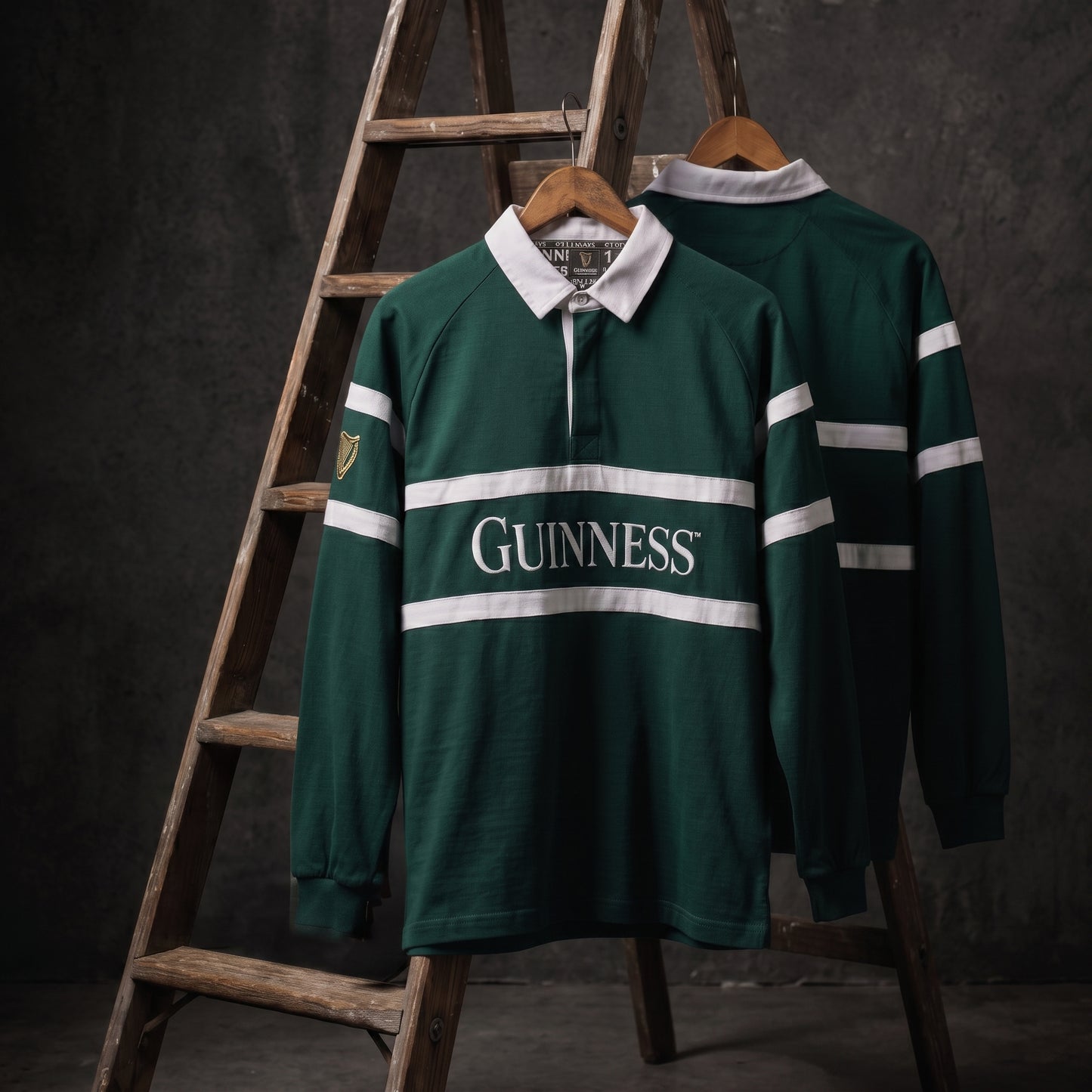 Two Guinness Green Traditional Rugby Jerseys with white stripes and “GUINNESS” branding hang on wooden hangers, displayed on a wooden ladder against a dark background.