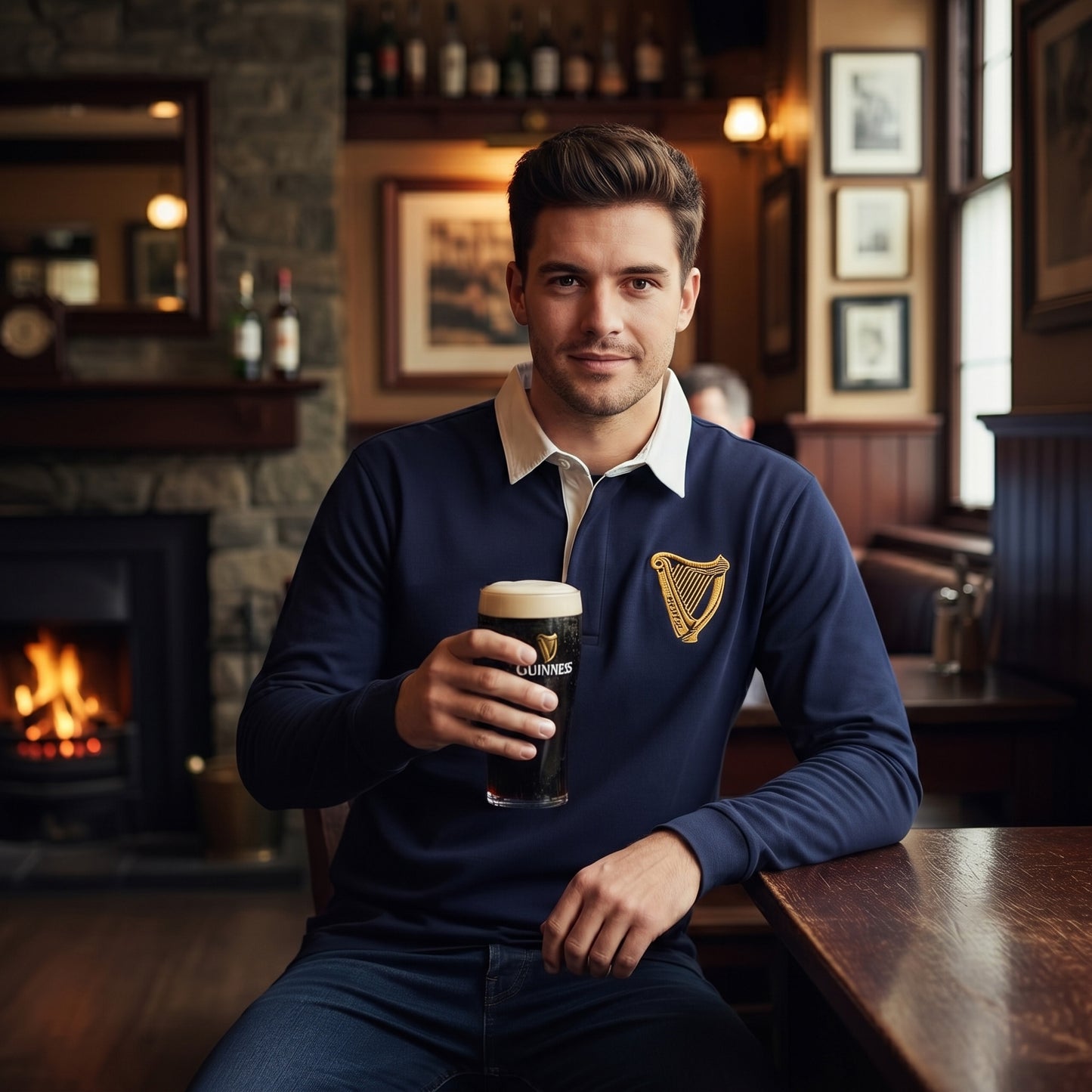 Man holding a pint of Guinness in a cozy bar setting wearing Guinness Navy Rugby Shirt – Long Sleeve with a white collar and a gold harp logo on the chest