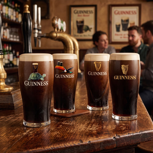 Four pints of Guinness stout served in the Guinness Collectors Edition Pint Glass Set from Guinness Webstore US rest on a wooden bar counter, while two men converse in the background and vintage Guinness posters adorn the walls—creating an inviting scene rich with Irish heritage.