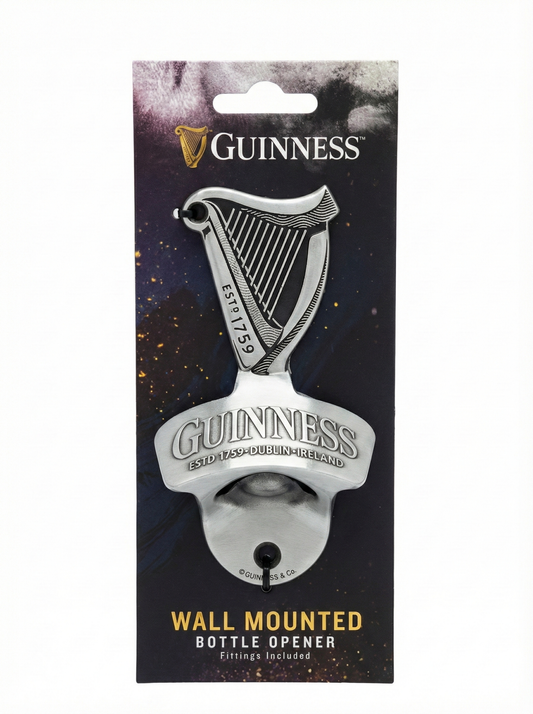 Guinness Wall Mounted Bottle Opener in original packaging, showcasing a harp design and "ESTD 1759 Dublin, Ireland" text—an ideal gift or stylish addition to any home bar for Guinness fans.