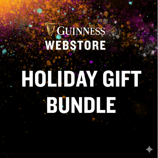 Guinness Webstore US promo graphic features colorful confetti and bold text announcing the "Guinness Holiday Gift Set.