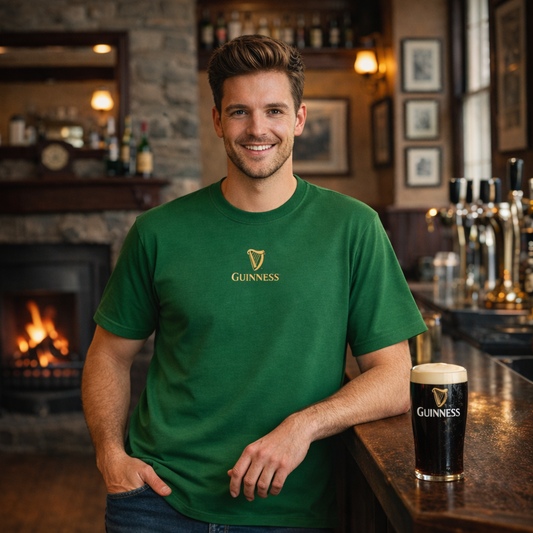 Model in a Green Tee standing at the pub