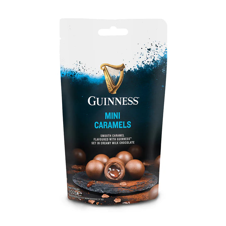 Indulge in the Guinness Luxury Mini Caramels Pouch, featuring smooth, beer-flavored caramel wrapped in rich milk chocolate.