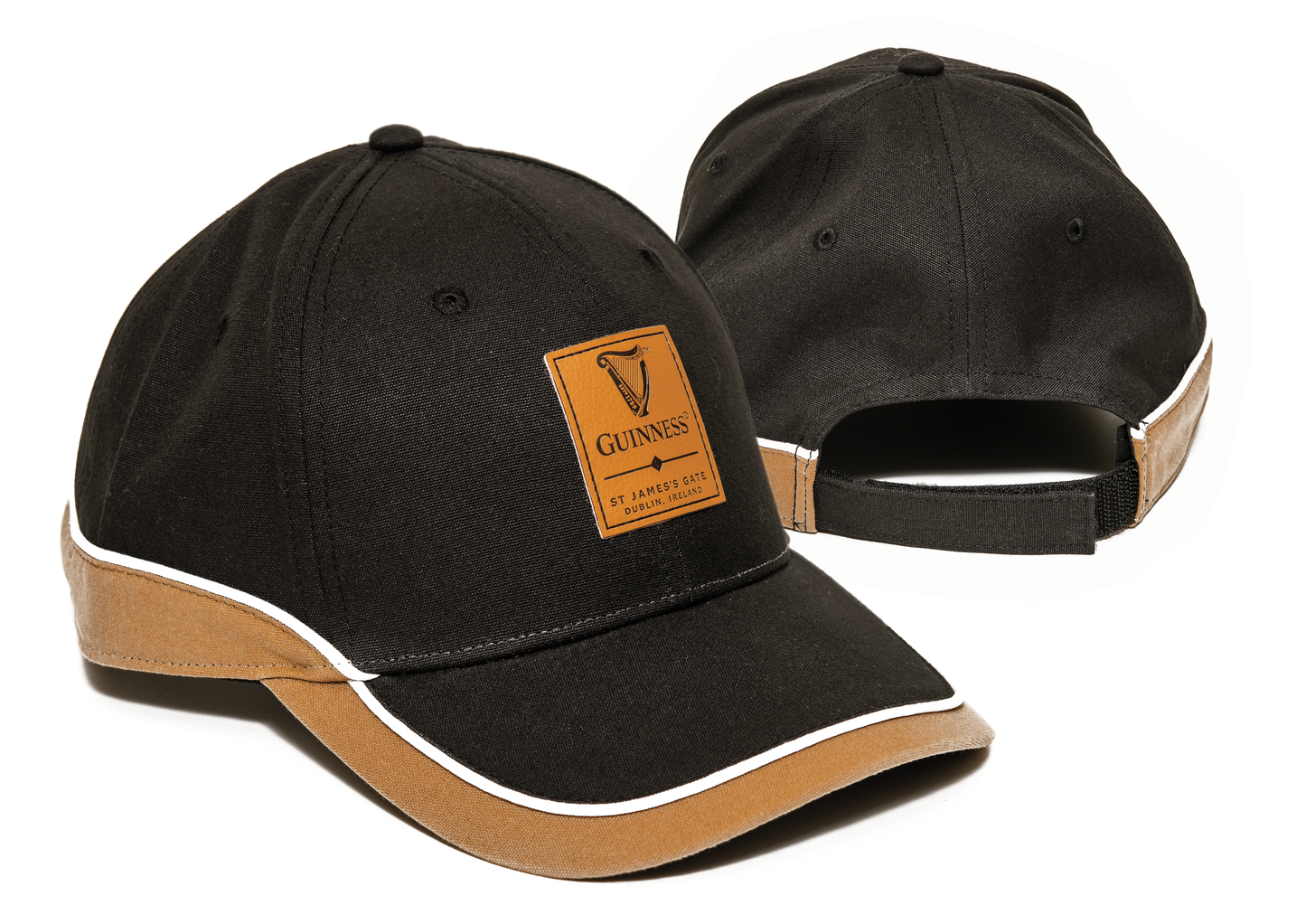 Two Guinness Black and Brown Caps from the Guinness Webstore US are displayed stylishly with white trim accents. One cap is positioned to showcase the front, featuring a "Guinness" logo patch representing the iconic Irish beer, while the other highlights the back with an adjustable strap.