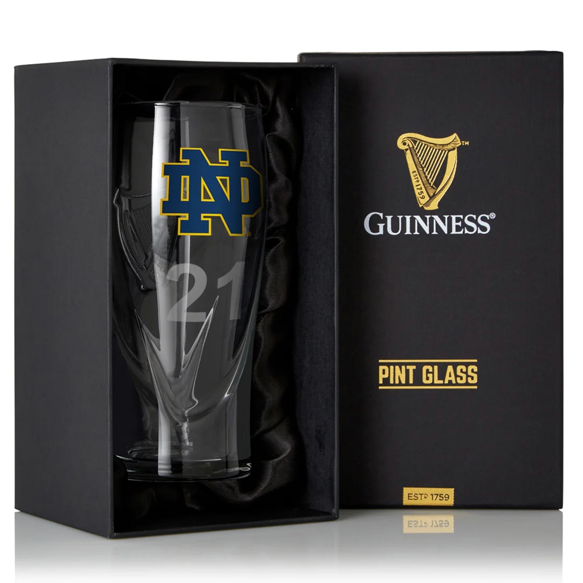 A Guinness Notre Dame16OZ Pint Glass in a box is a perfect addition to any Notre Dame fan's collection.