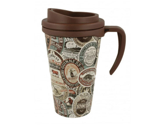 Meet your ideal travel companion: the Guinness Archive Label Travel Mug by Guinness US. This vintage-style mug features a vibrant red top and playful design, making it perfect for carrying your favorite beverages in style while on the go.