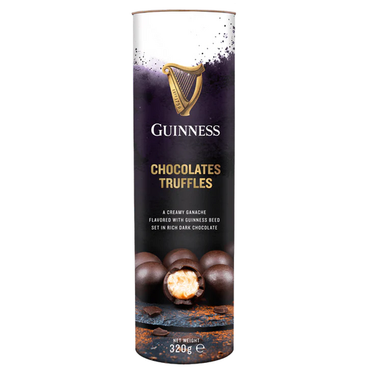 The Guinness Luxury Chocolate Truffles come in a cylindrical box with a dark design featuring an image of truffles and gold text. Weighing 320g, these truffles showcase a creamy ganache infused with the rich flavor of Guinness beer.