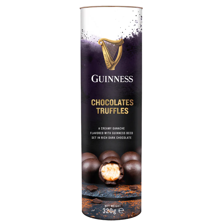 The Guinness Luxury Chocolate Truffles come in a cylindrical box with a dark design featuring an image of truffles and gold text. Weighing 320g, these truffles showcase a creamy ganache infused with the rich flavor of Guinness beer.