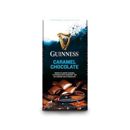 Introducing the elegant packaging of the Luxury Milk Chocolate Caramel Bar by Guinness, adorned with the iconic gold harp logo. Delight in the smooth combination of creamy Guinness milk chocolate and rich caramel pieces, masterfully crafted by Lir Chocolates for a truly indulgent experience.