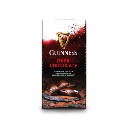 The Guinness Luxury Dark Chocolate Bar packaging features the brand's iconic gold harp logo, alongside sumptuous pieces of dark chocolate. Created by Lir Chocolates, this delightful treat guarantees an indulgent experience.