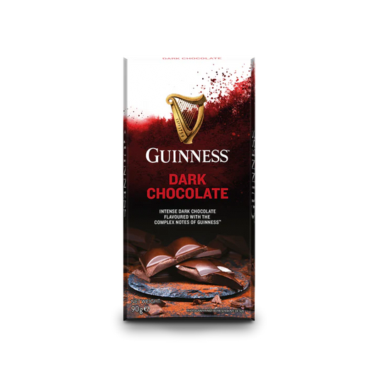 The Guinness Luxury Dark Chocolate Bar packaging features the brand's iconic gold harp logo, alongside sumptuous pieces of dark chocolate. Created by Lir Chocolates, this delightful treat guarantees an indulgent experience.