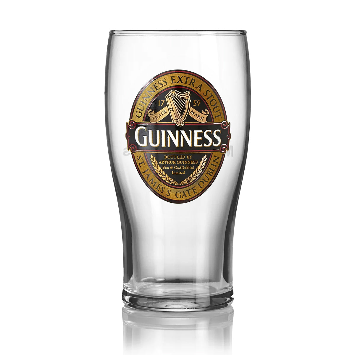 A clear Guinness Classic Pint Glass displays the iconic harp and the "Guinness Extra Stout, St. James's Gate Dublin" label, from the renowned Guinness brand.