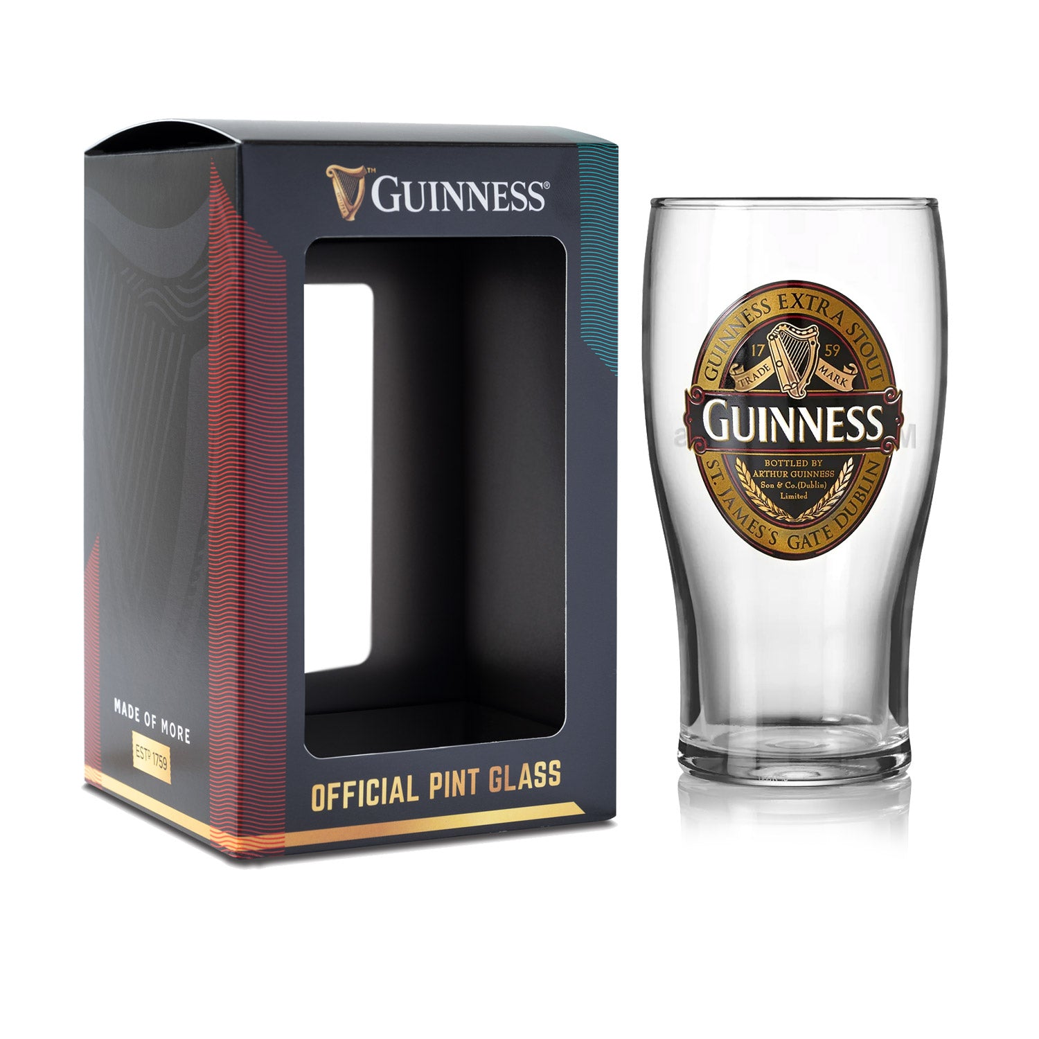 The Guinness Classic Pint Glass, featuring the iconic gold logo, stands elegantly beside its official packaging box, a true gem from Guinness.