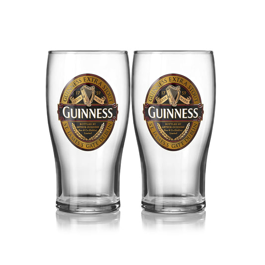 Collection: Two Guinness Classic Pint Glass Twin Pack on a white background.