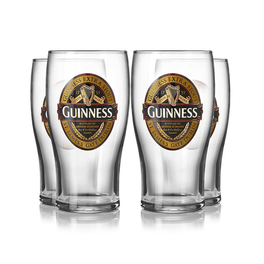 Four Guinness Classic Pint Glass 4 Pack on a white background.