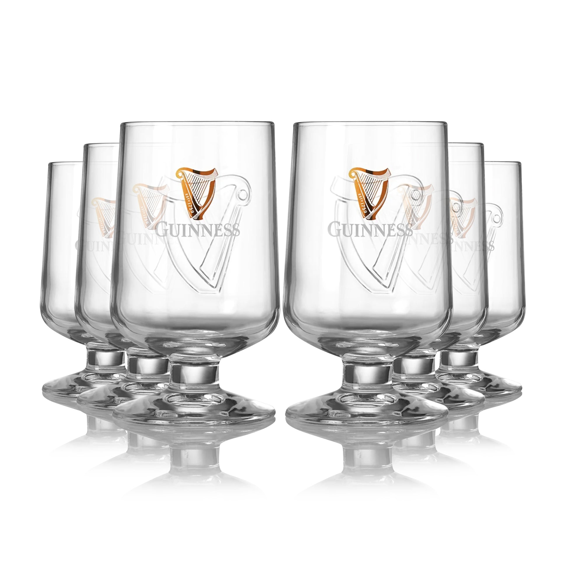 Six Guinness Embossed Stem Glass 6 Pack glasses on a white background.