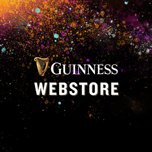 Text reads "Guinness Webstore US" with a colorful splash background of orange, purple, and blue on a black surface.