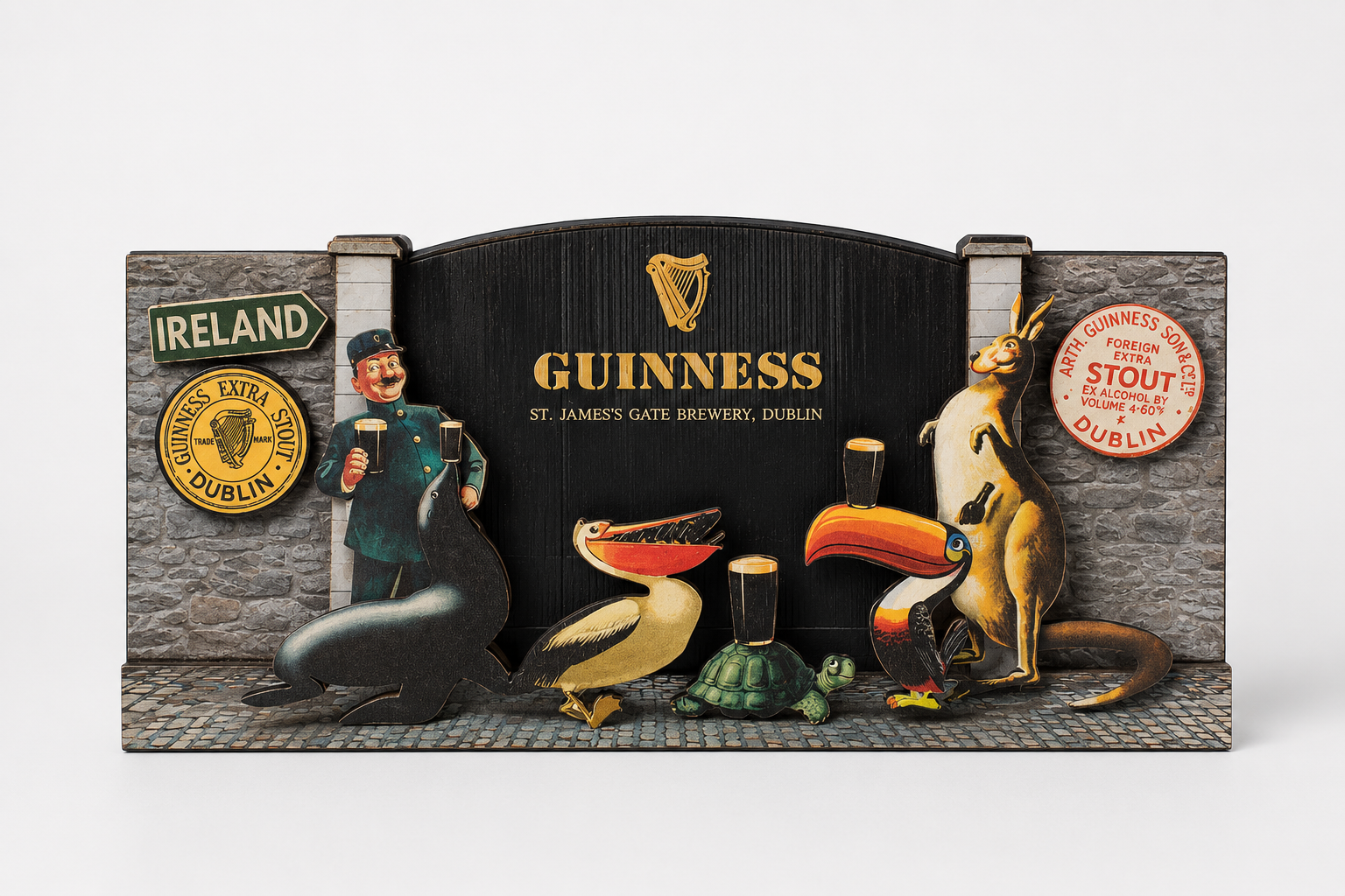 The Guinness Gilroy Wooden Sign – 3D St James Gate from the Guinness Webstore US features a vintage design inspired by the John Gilroy zoo campaign, depicting a zookeeper and various animals with glasses of stout in front of the iconic brewery gate, along with classic Ireland and Guinness signage—a must-have collectible for Guinness enthusiasts.