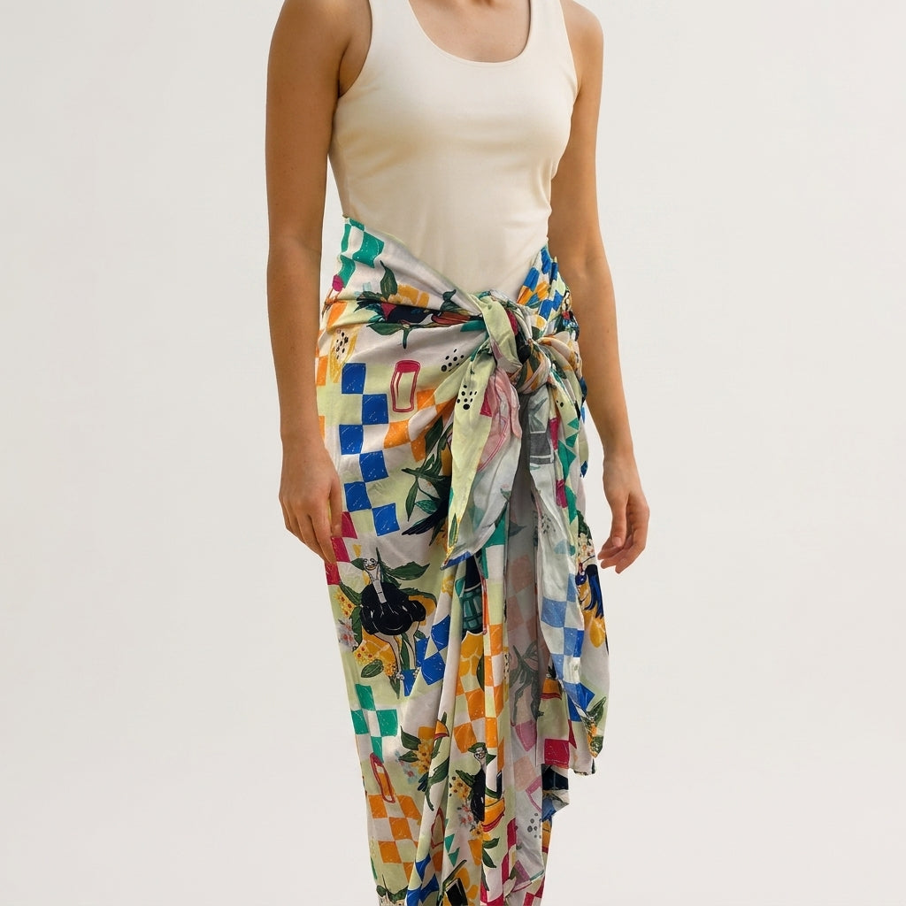 A person wearing a sleeveless beige top, with the Guinness Hawaiian Print Sarong from Guinness Webstore US—a colorful, checkered-patterned scarf—tied around the waist and styled as a vibrant sarong.