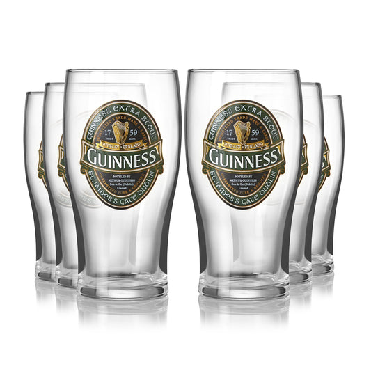 Six Guinness Ireland Collection Pint Glasses from the Guinness brand on a white background.