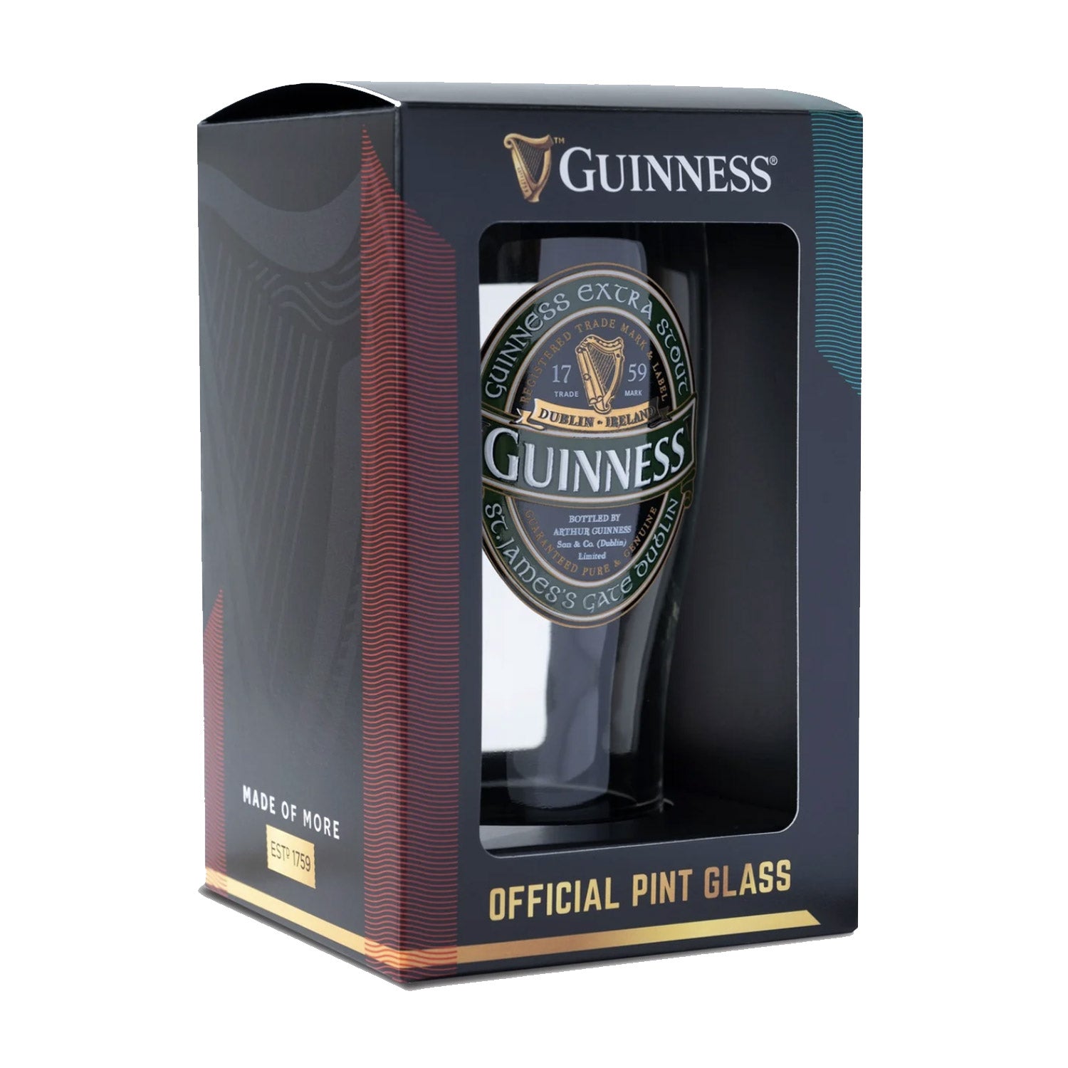 The Guinness Ireland Collection Pint Glass is an official branded item from Guinness, exhibiting a partially visible Extra Stout Label through its front window. This boxed glass is essential for enthusiasts of draught glasses.