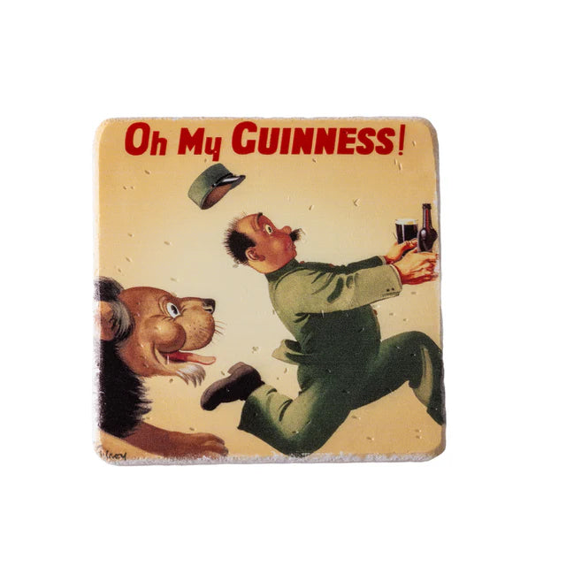 A man in green runs with a Guinness bottle and glass, chased by the Gilroy Lion & Zookeeper, under the text "Oh My GUINNESS!" This classic vintage scene appears on the Guinness Gilroy Lion & Zookeeper Stone Coaster by Guinness.