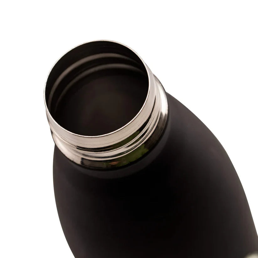 Close-up of an open Guinness Gilroy Metal Water Bottle by Guinness, made of black stainless steel against a white background, highlighting its reusable flask design.