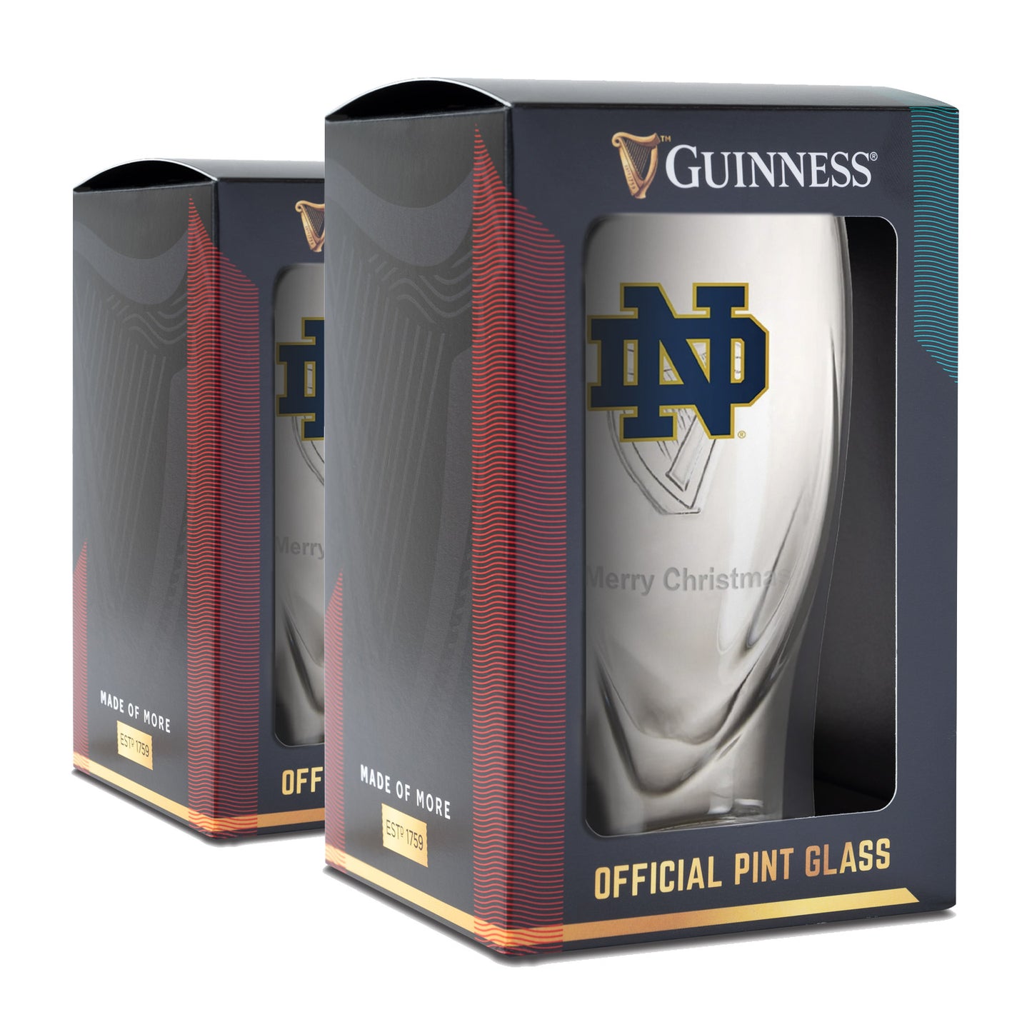 The Guinness Notre Dame 16OZ Pint Glass Twin Pack includes two official pint glasses with the Notre Dame logo and "Merry Christmas" message, ideal for festive toasting.