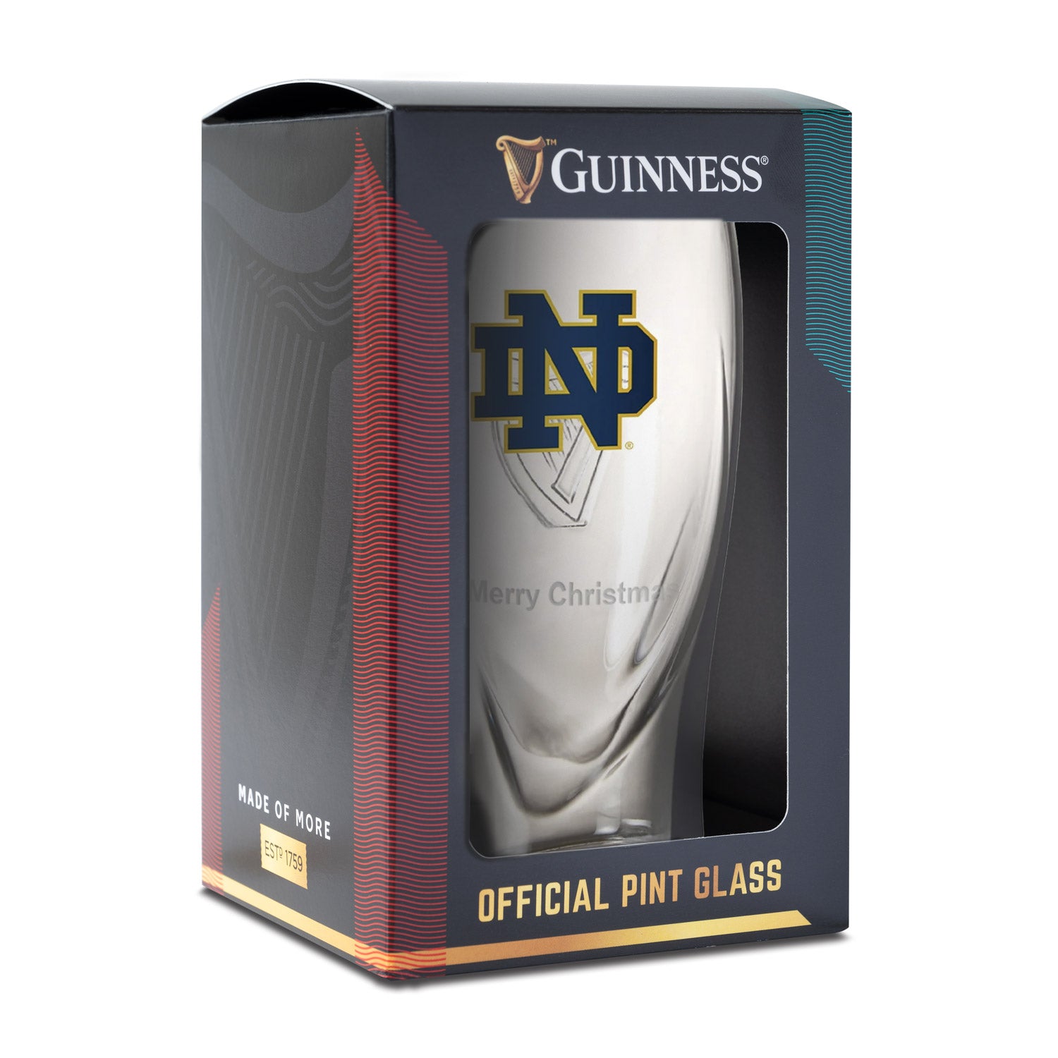 The Guinness Notre Dame 16oz Pint Glass, featuring the iconic Notre Dame logo, makes an ideal personalized gift for Notre Dame Football fans.