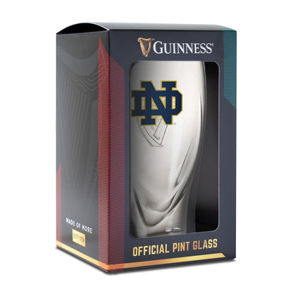 The Guinness Notre Dame 16OZ Pint Glass showcases the iconic Notre Dame logo with classic "Guinness" branding. It's an ideal personalized gift for fans, featuring the text "Official Pint Glass" and "Made of More.