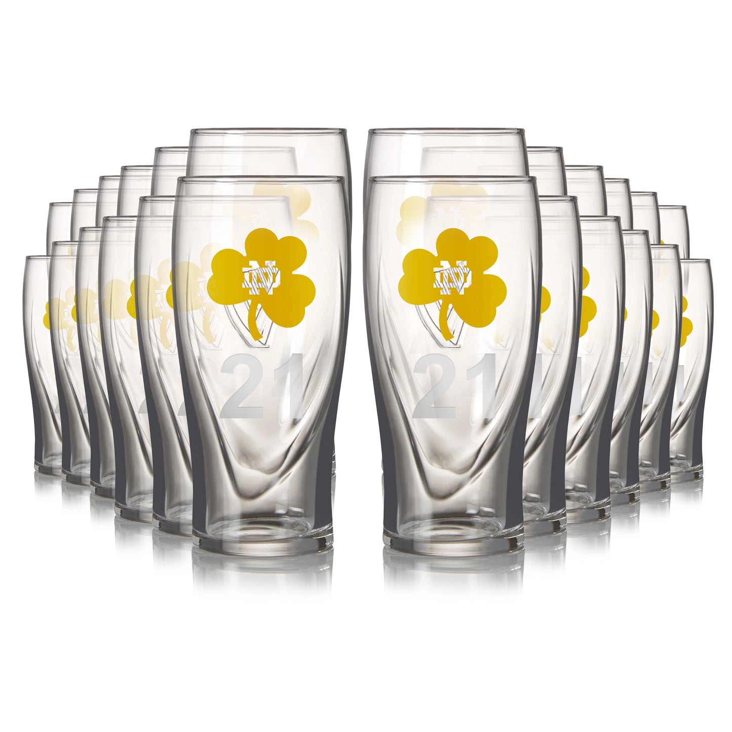 A pack of 24 Notre Dame Guinness pint glasses, each 16oz, features clear glass with yellow clover designs and the number "21.