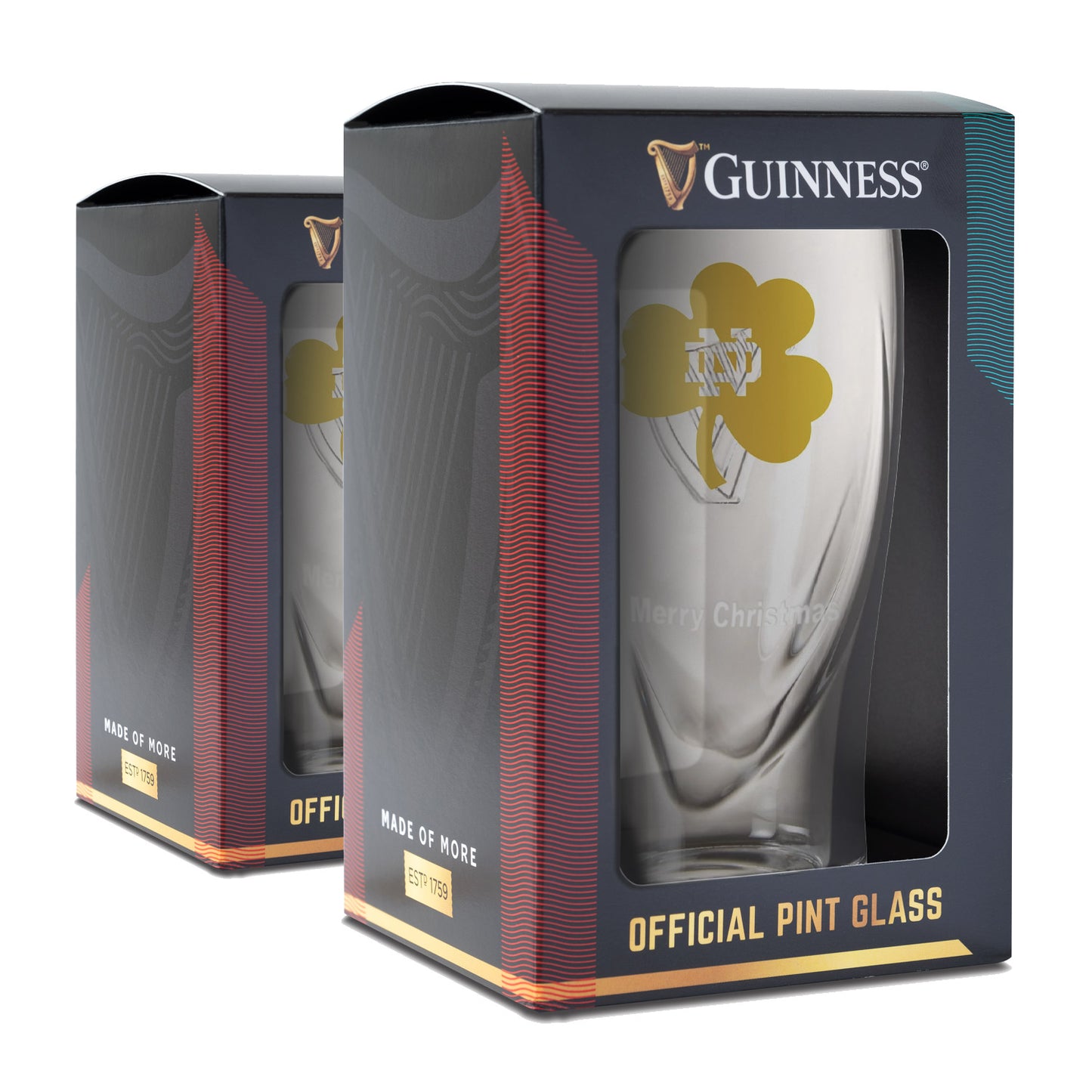 On display: Guinness Notre Dame Shamrock 16oz Pint Glass Twin Pack, featuring a festive "Merry Christmas" engraving.