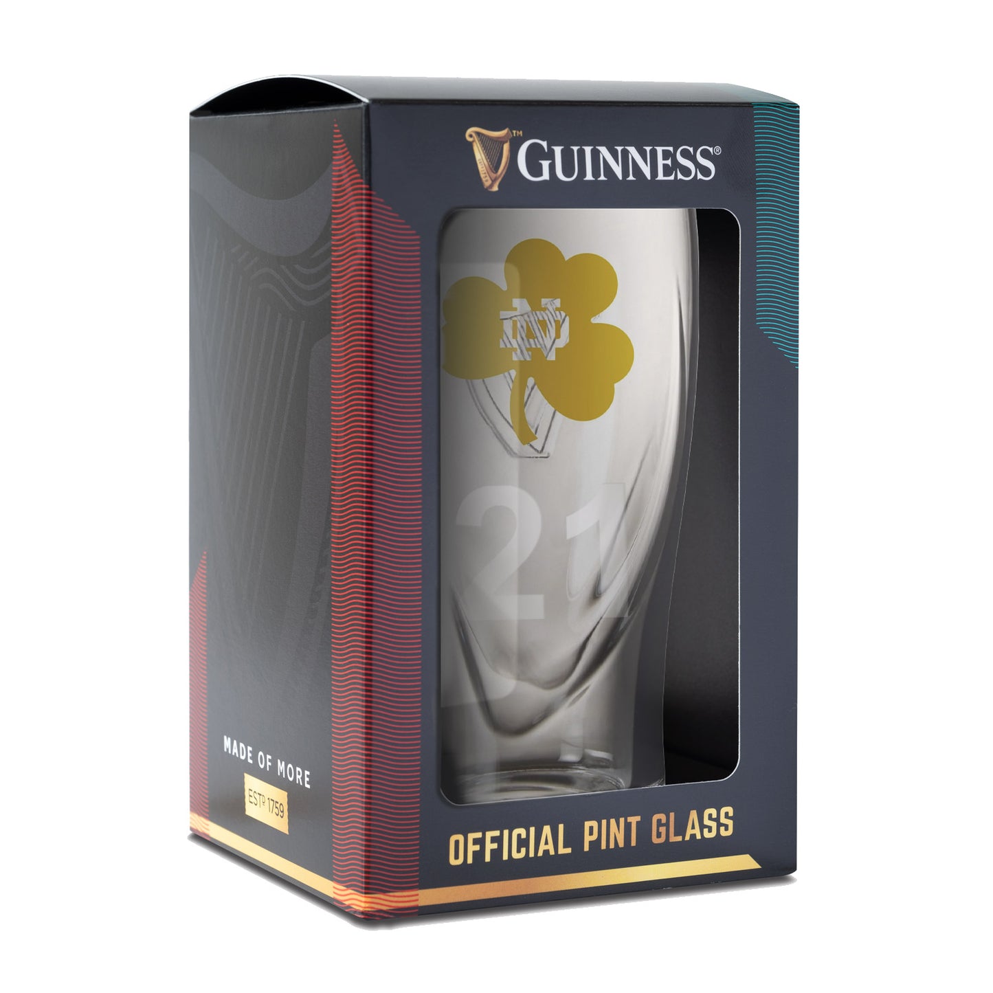 The Guinness Notre Dame Shamrock 16oz Pint Glass is packaged in a vibrant box featuring a clover logo and the number 21, celebrating the spirit of the Notre Dame Fighting Irish.