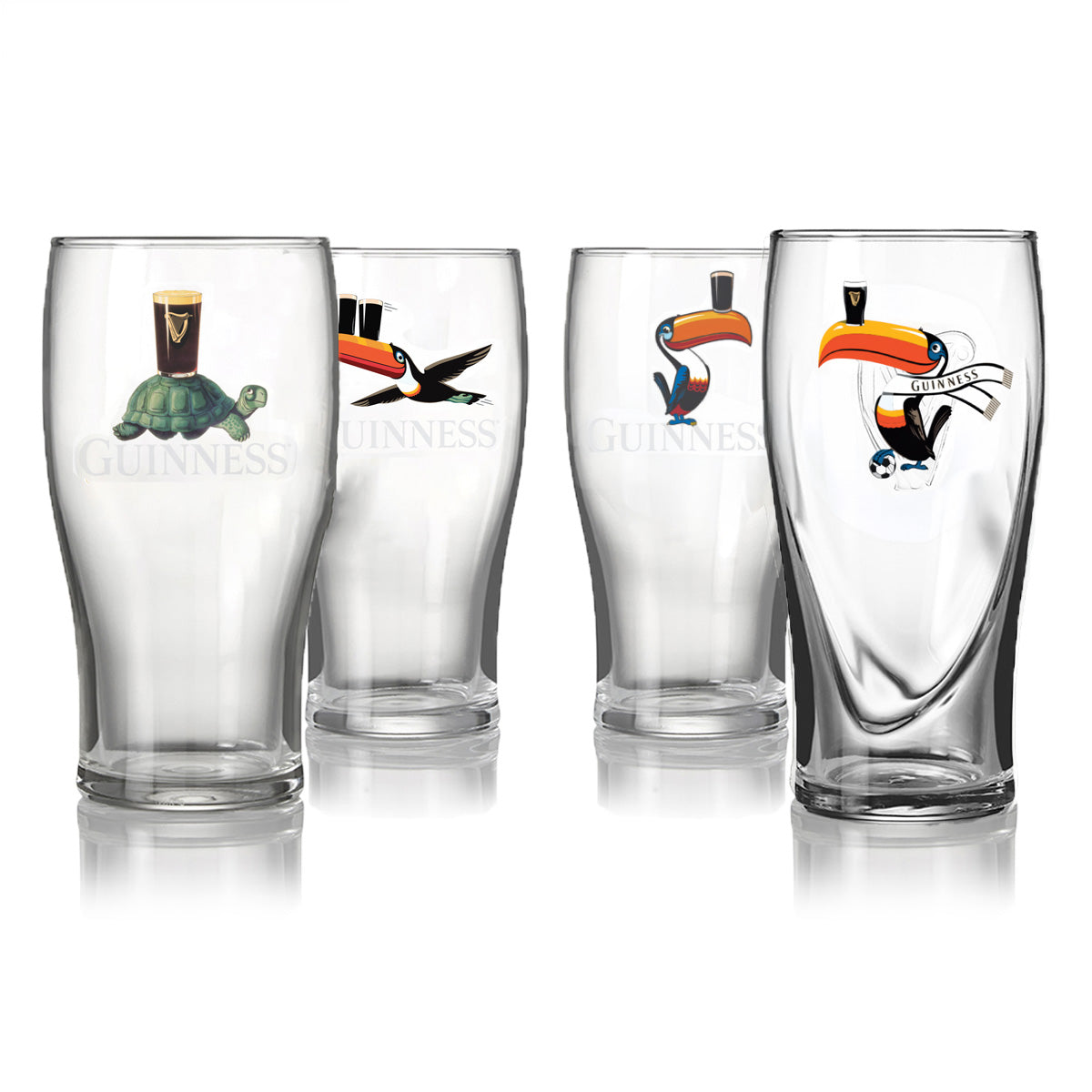 The Guinness Party Pack — 4 Pint Glass Bundle from Guinness Webstore US includes four clear collector’s pint glasses, each featuring vibrant animal illustrations—such as toucans with pints and a turtle—set against a crisp white background.