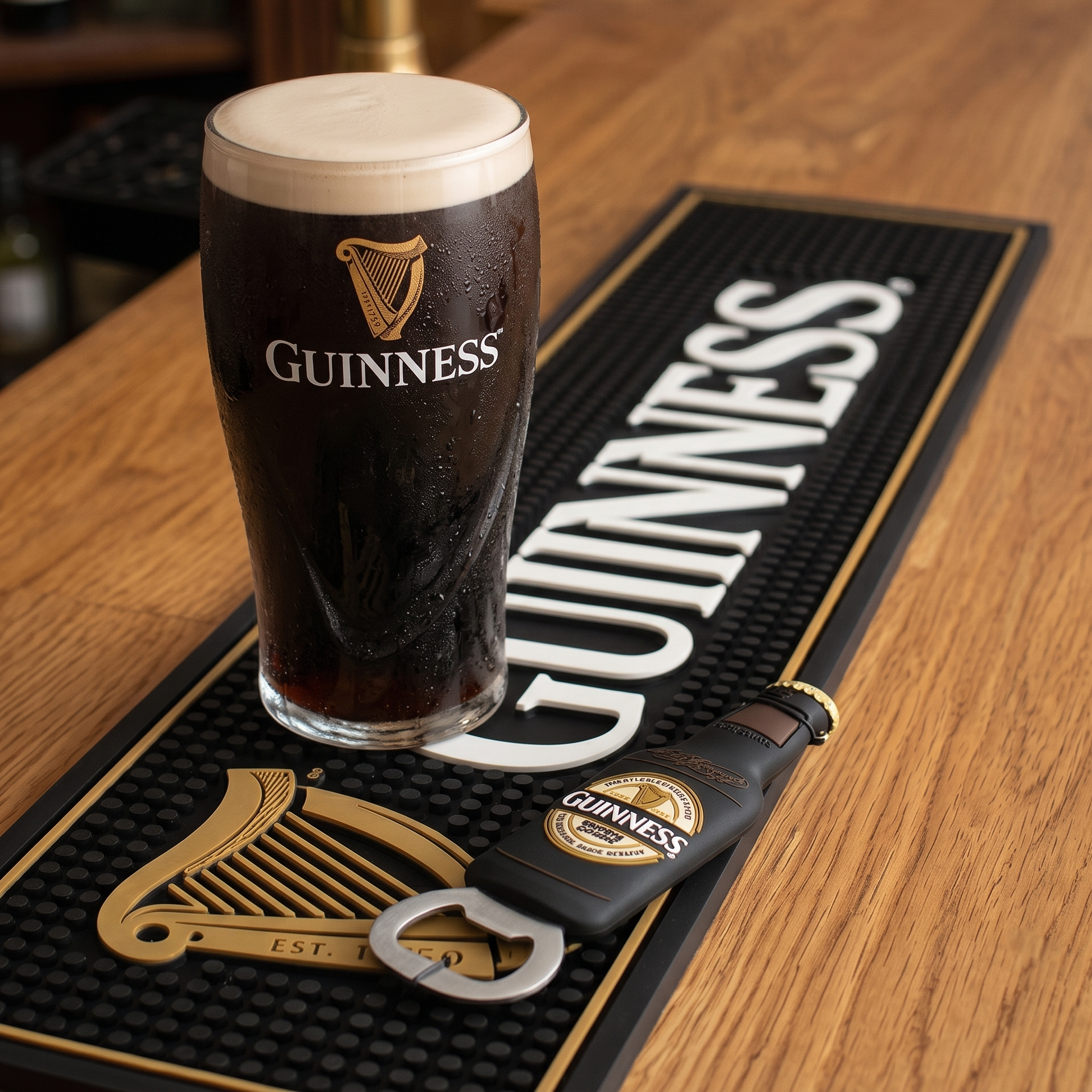 A pint of Guinness stout in a classic glass rests on a branded bar mat next to a Guinness bottle opener, all arranged atop a wooden counter—an ideal scene featuring the Guinness Perfect Pour Bundle from the Guinness Webstore US, perfect for enhancing any home bar.