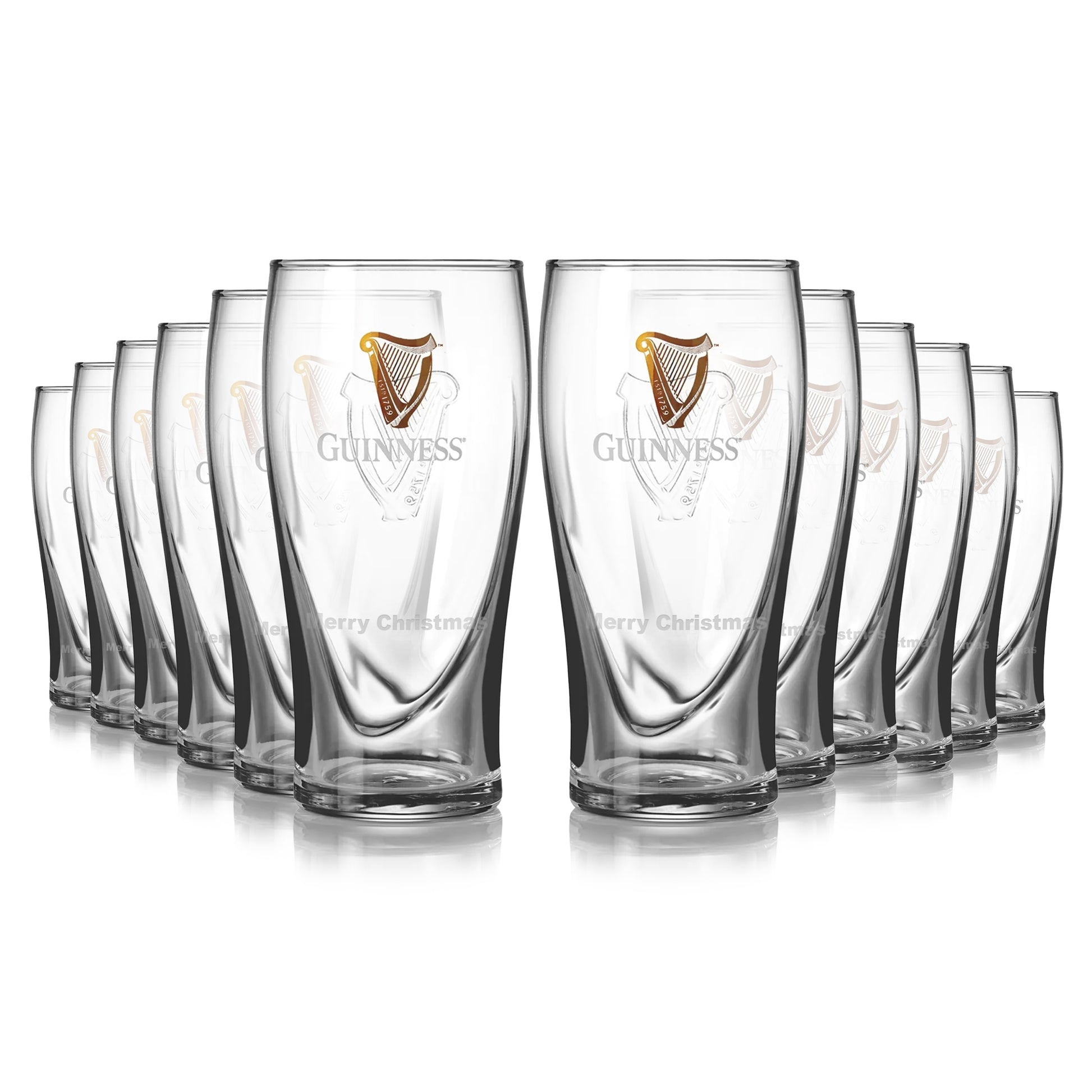 A 12-pack of clear Guinness pint glasses, each with an embossed harp, are beautifully arranged in three rows, ready for personalized engraving.