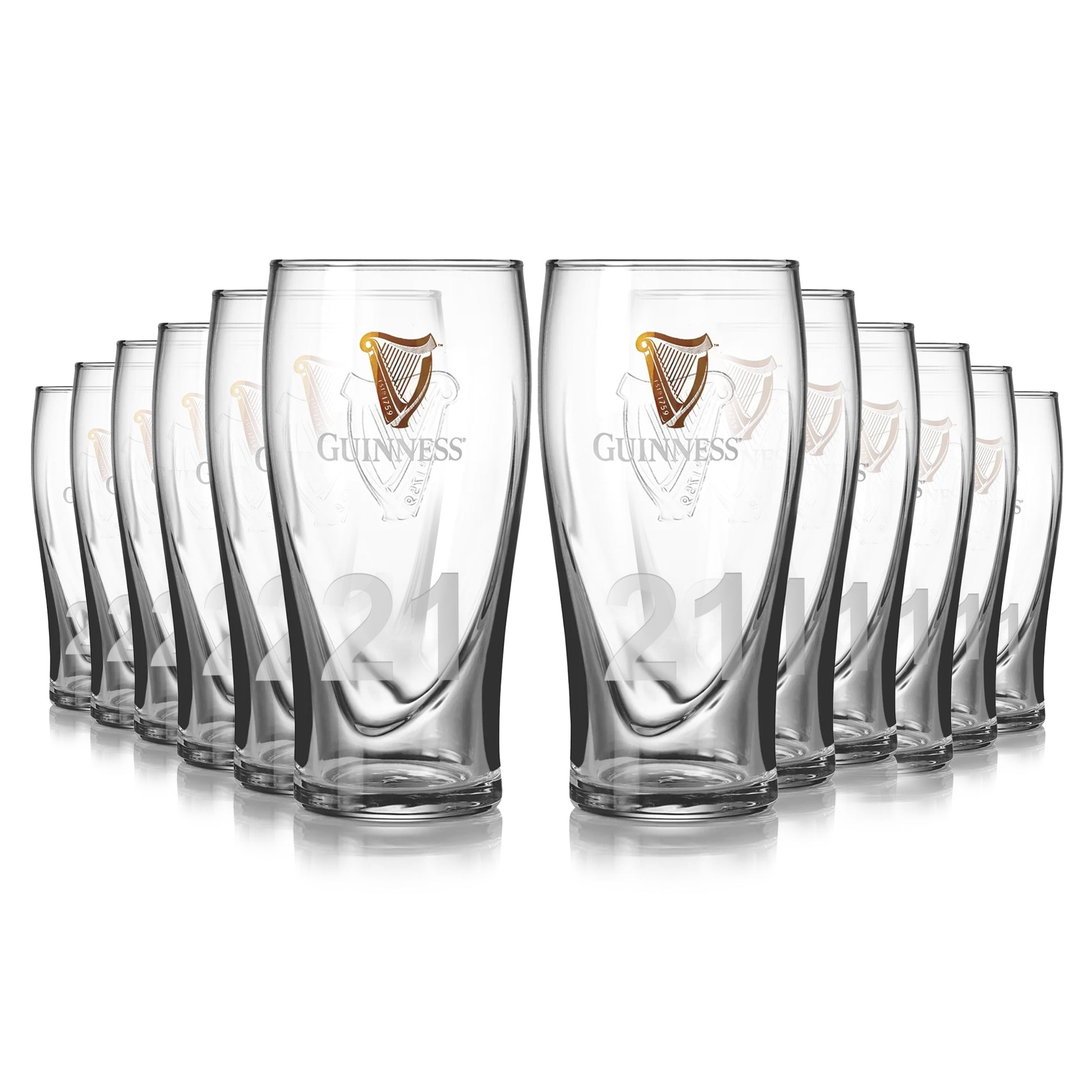 A pack of twelve pristine Guinness pint glasses, featuring the iconic logo and embossed harp design, are displayed on a white background.