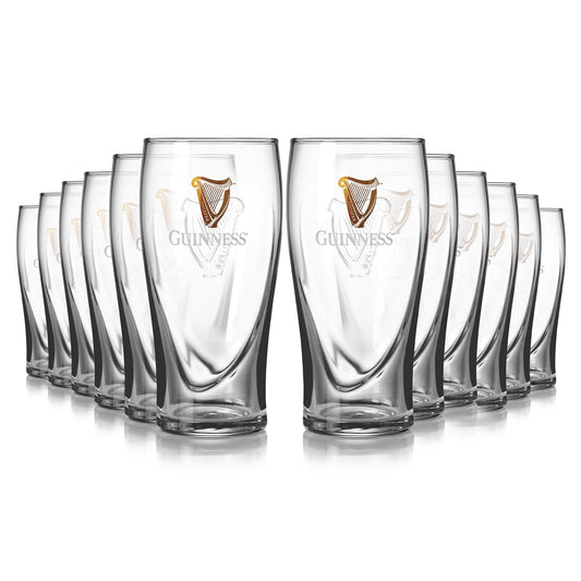 Eight personalized engraved Guinness Pint Glass 12 Pack glasses with embossed harp design on a white background.