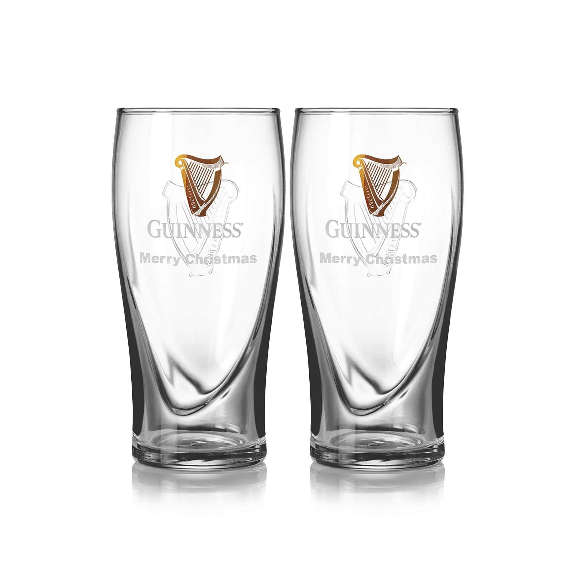 The Guinness Pint Glass Twin Pack features two clear glasses, each adorned with the iconic logo and "Merry Christmas." Perfect for your collection, these festive draft glasses from Guinness capture holiday spirit in classic style against a white backdrop.