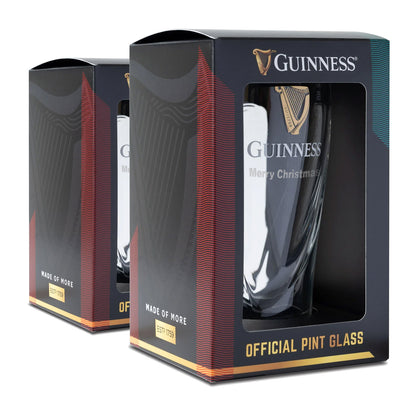 The Guinness Pint Glass Twin Pack, featuring two glasses with the iconic logo and festive "Merry Christmas" text, is a perfect addition to any beer glass collection.