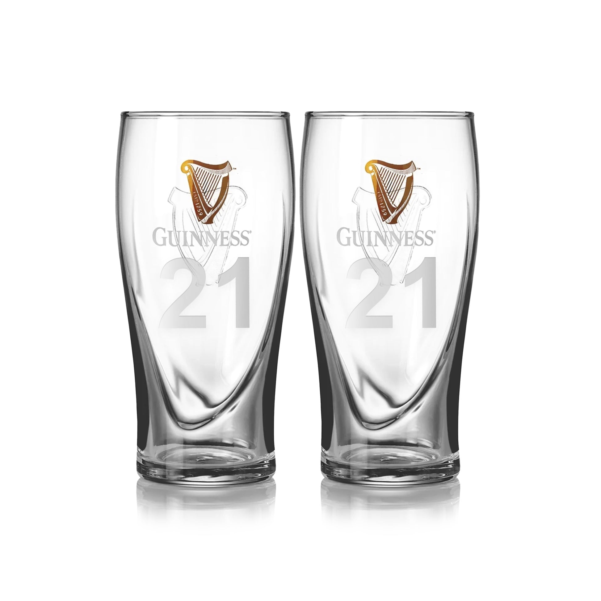 The Guinness Pint Glass Twin Pack includes two clear pint glasses featuring the iconic harp logo and number 21, perfect for enjoying your favorite brew. Both branded beer glasses are side by side on a white background.