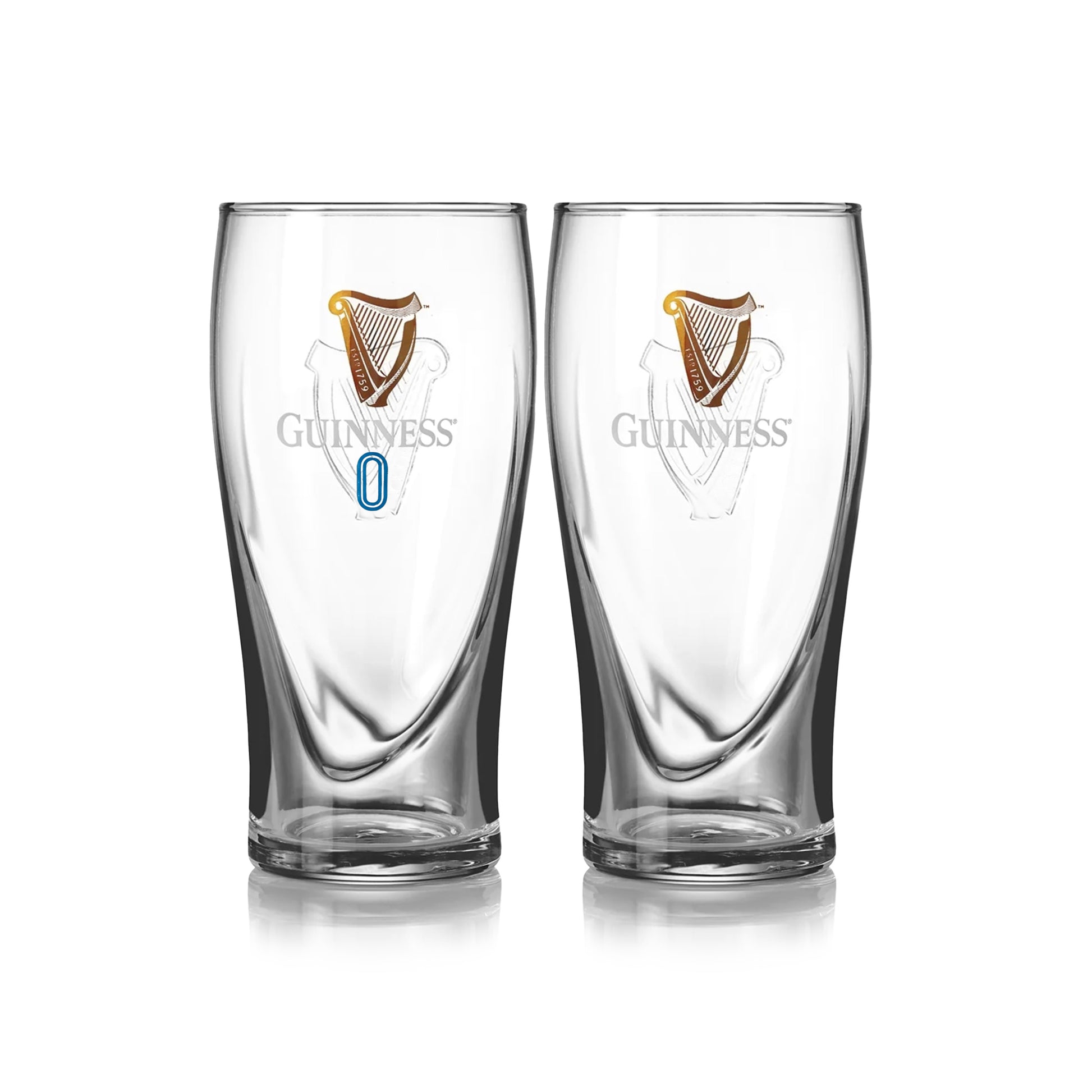 The Guinness Gravity & Gravity 0 Pint Glass Twin Pack from Guinness Webstore US features two clear pint glasses with the iconic logo and harp—premium glassware ideal for enjoying your favorite non-alcoholic brew.