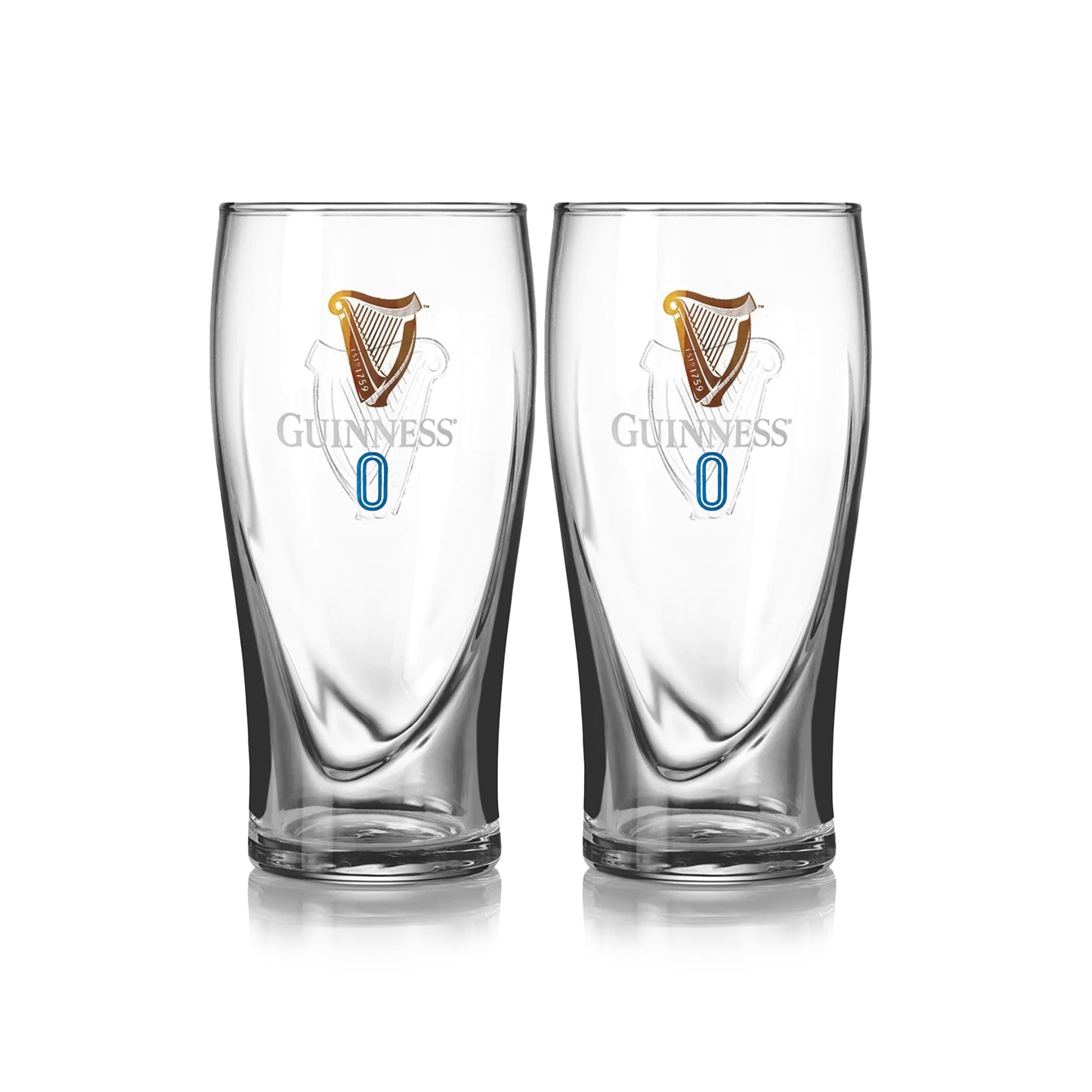 The Guinness 0 Gravity Pint Glass – 2 Pack from the Guinness Webstore US features two clear 20oz glasses with the iconic logo and "0" symbol, perfect for adding to your Guinness collection.