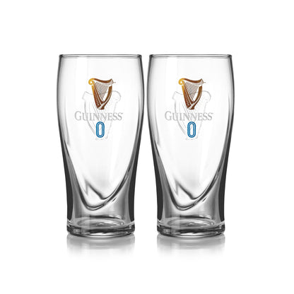 The Guinness 0 Gravity Pint Glass – 2 Pack from the Guinness Webstore US features two clear 20oz glasses with the iconic logo and "0" symbol, perfect for adding to your Guinness collection.